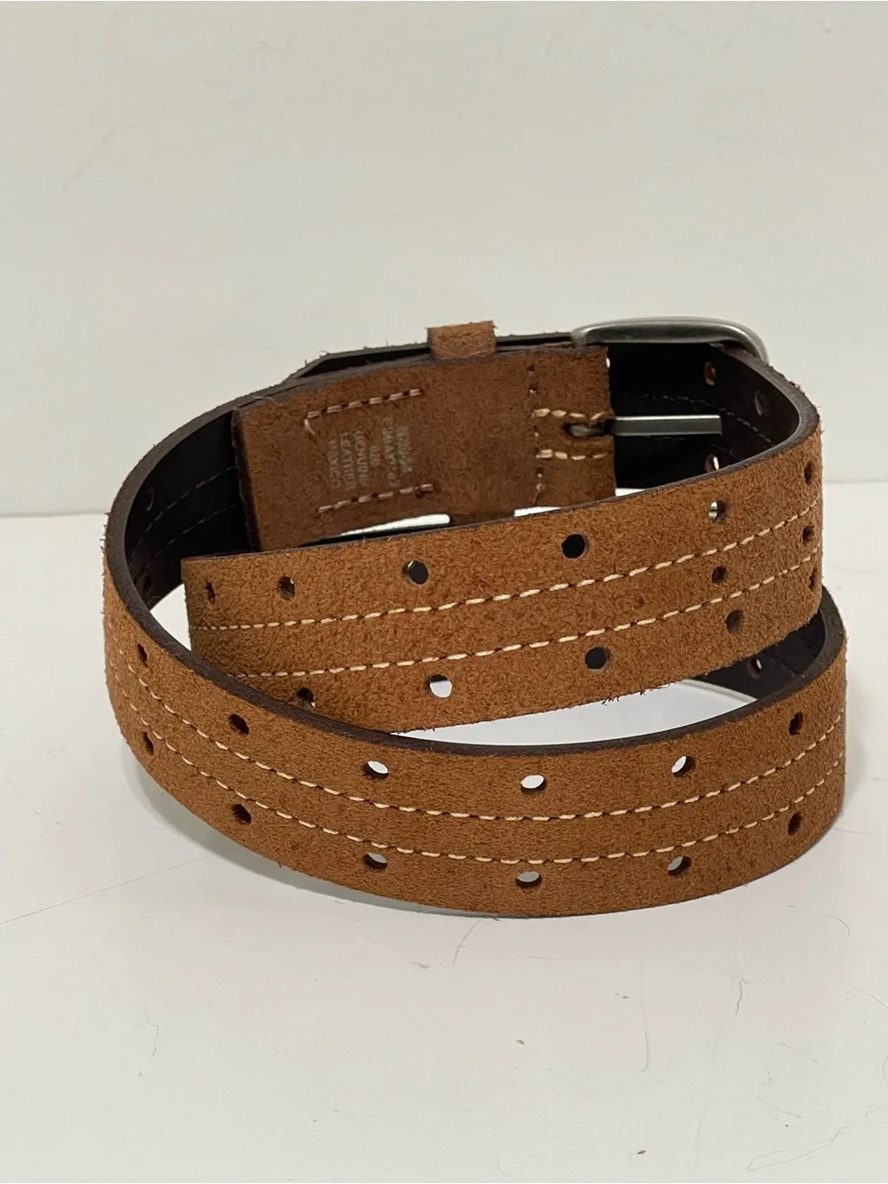 Brown Suede Leather Belt Perforated Contrast Stitching Gun Metal Buckle Men 27